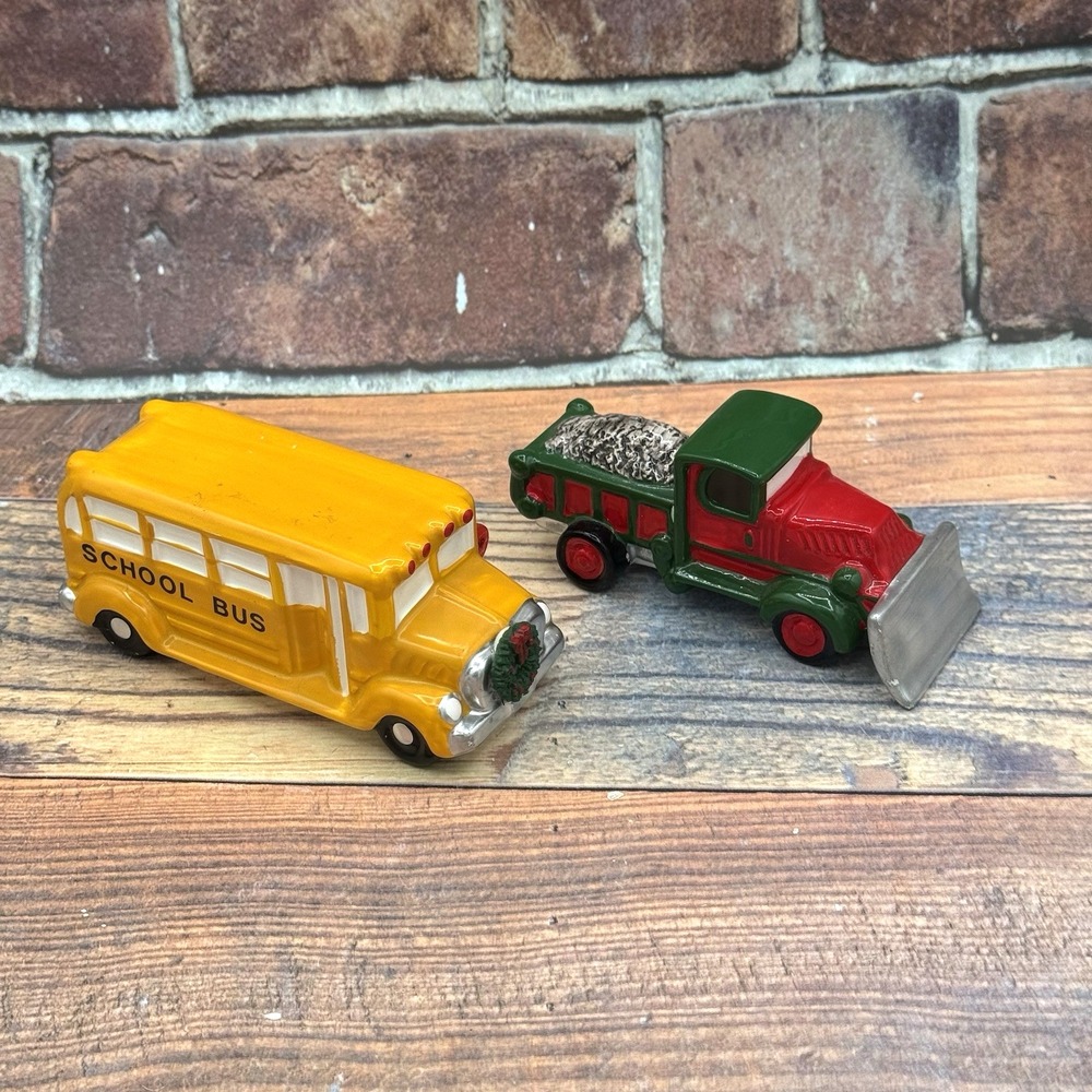 Dept 56 Snow Village School Bus & Snow Plow Set 51373 Vintage 1988 Christmas